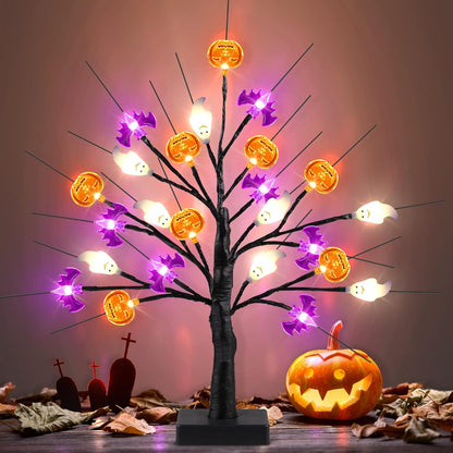18 Inch Black Halloween Tree Light with 24 LED Pumpkin Bat and Ghost Lights for Indoor Outdoor Halloween Decor