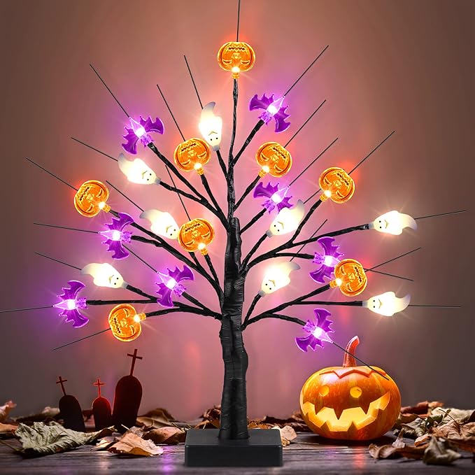 18 Inch Black Halloween Tree Light with 24 LED Pumpkin Bat and Ghost Lights for Indoor Outdoor Halloween Decor