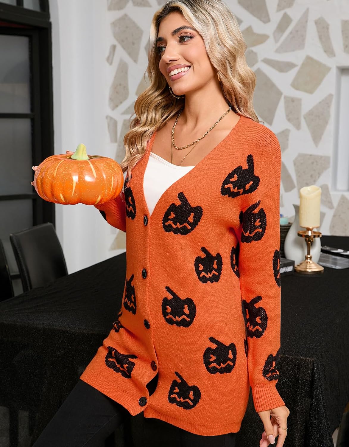 Women’s Halloween Pumpkin Cardigan – Cozy Knit Button Down Fall Sweater