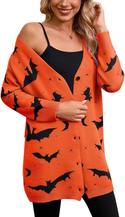 Women’s Halloween Pumpkin Cardigan – Cozy Knit Button Down Fall Sweater