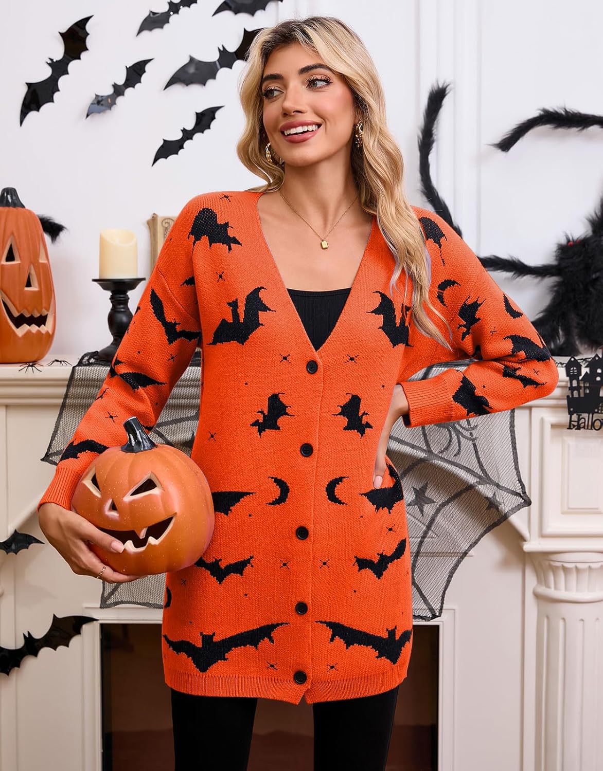 Women’s Halloween Pumpkin Cardigan – Cozy Knit Button Down Fall Sweater