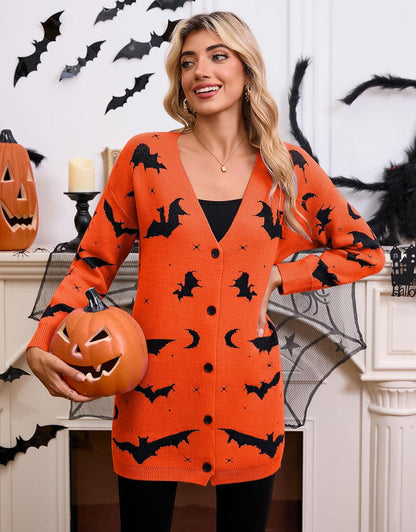Women’s Halloween Pumpkin Cardigan – Cozy Knit Button Down Fall Sweater