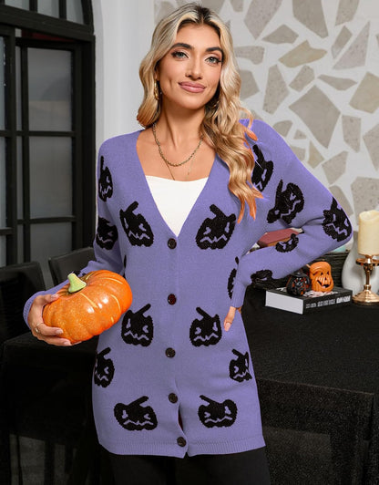 Women’s Halloween Pumpkin Cardigan – Cozy Knit Button Down Fall Sweater
