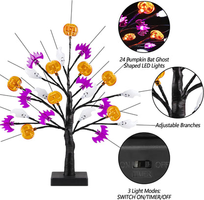 18 Inch Black Halloween Tree Light with 24 LED Pumpkin Bat and Ghost Lights for Indoor Outdoor Halloween Decor
