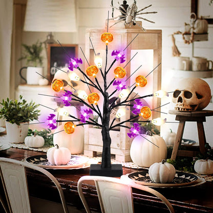 18 Inch Black Halloween Tree Light with 24 LED Pumpkin Bat and Ghost Lights for Indoor Outdoor Halloween Decor