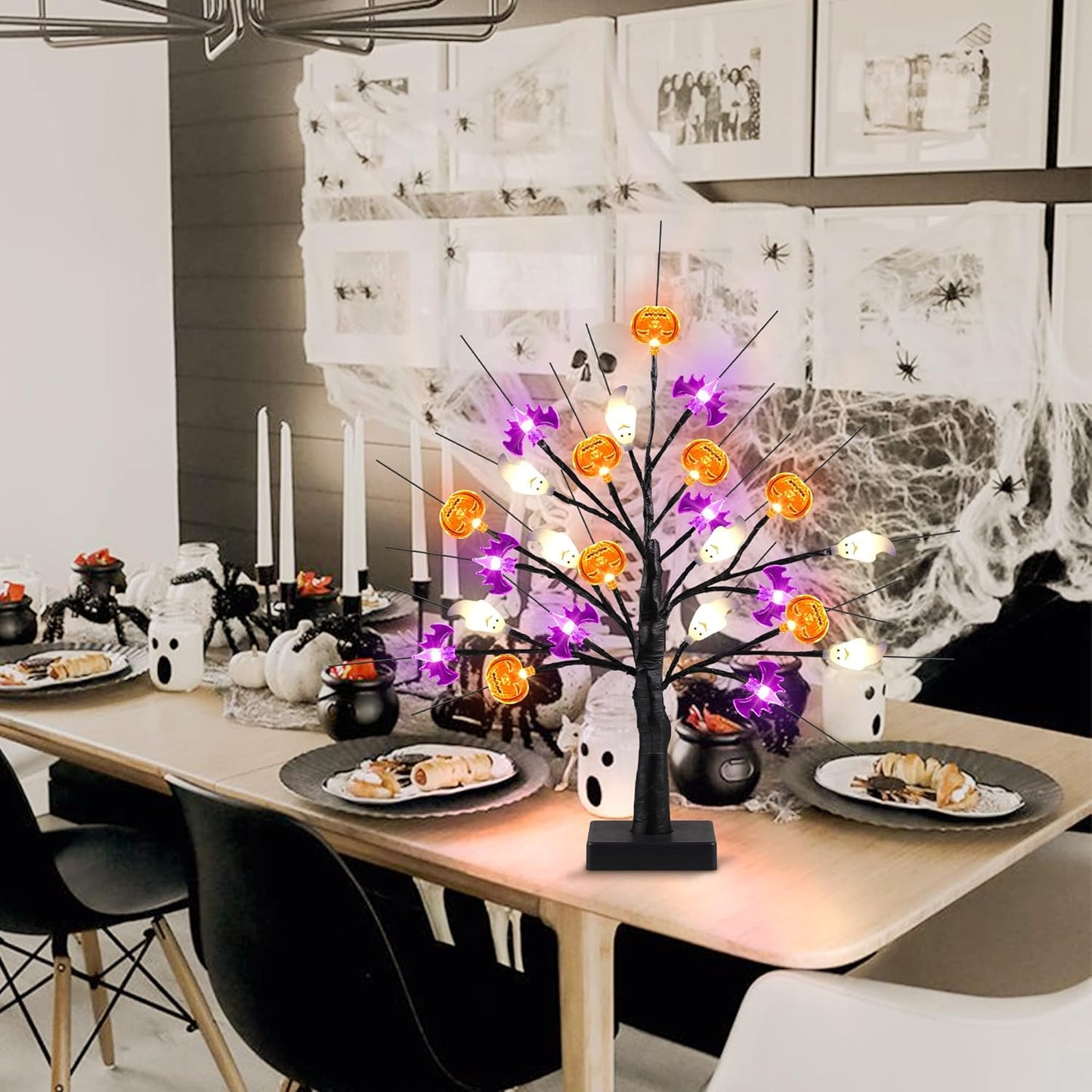 18 Inch Black Halloween Tree Light with 24 LED Pumpkin Bat and Ghost Lights for Indoor Outdoor Halloween Decor
