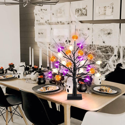 18 Inch Black Halloween Tree Light with 24 LED Pumpkin Bat and Ghost Lights for Indoor Outdoor Halloween Decor