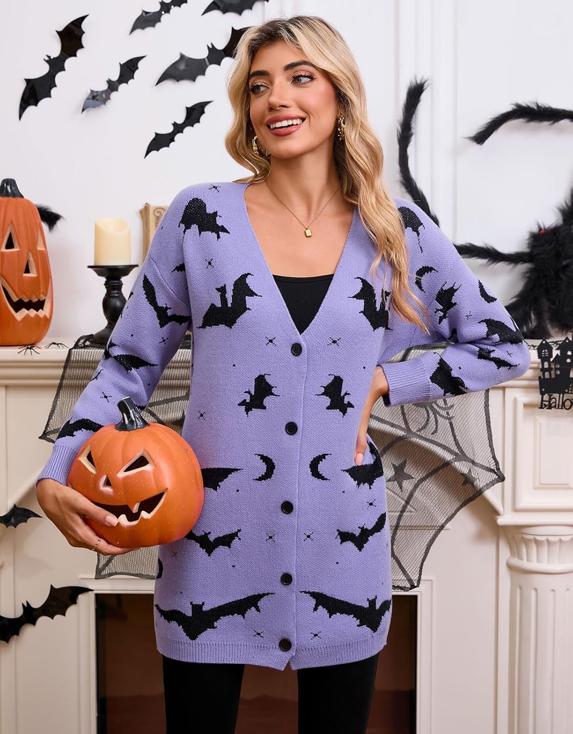 Women’s Halloween Pumpkin Cardigan – Cozy Knit Button Down Fall Sweater