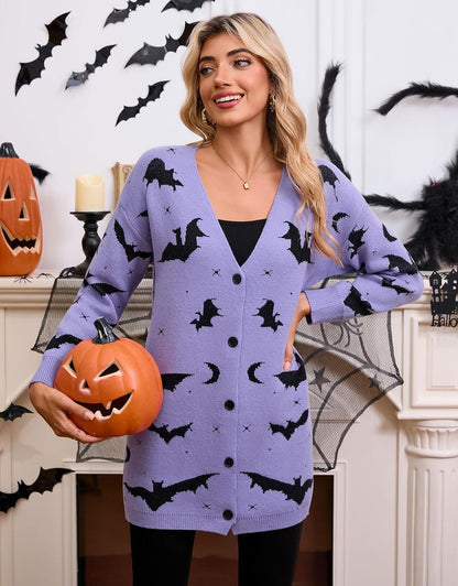Women’s Halloween Pumpkin Cardigan – Cozy Knit Button Down Fall Sweater