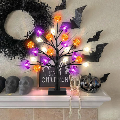 18 Inch Black Halloween Tree Light with 24 LED Pumpkin Bat and Ghost Lights for Indoor Outdoor Halloween Decor