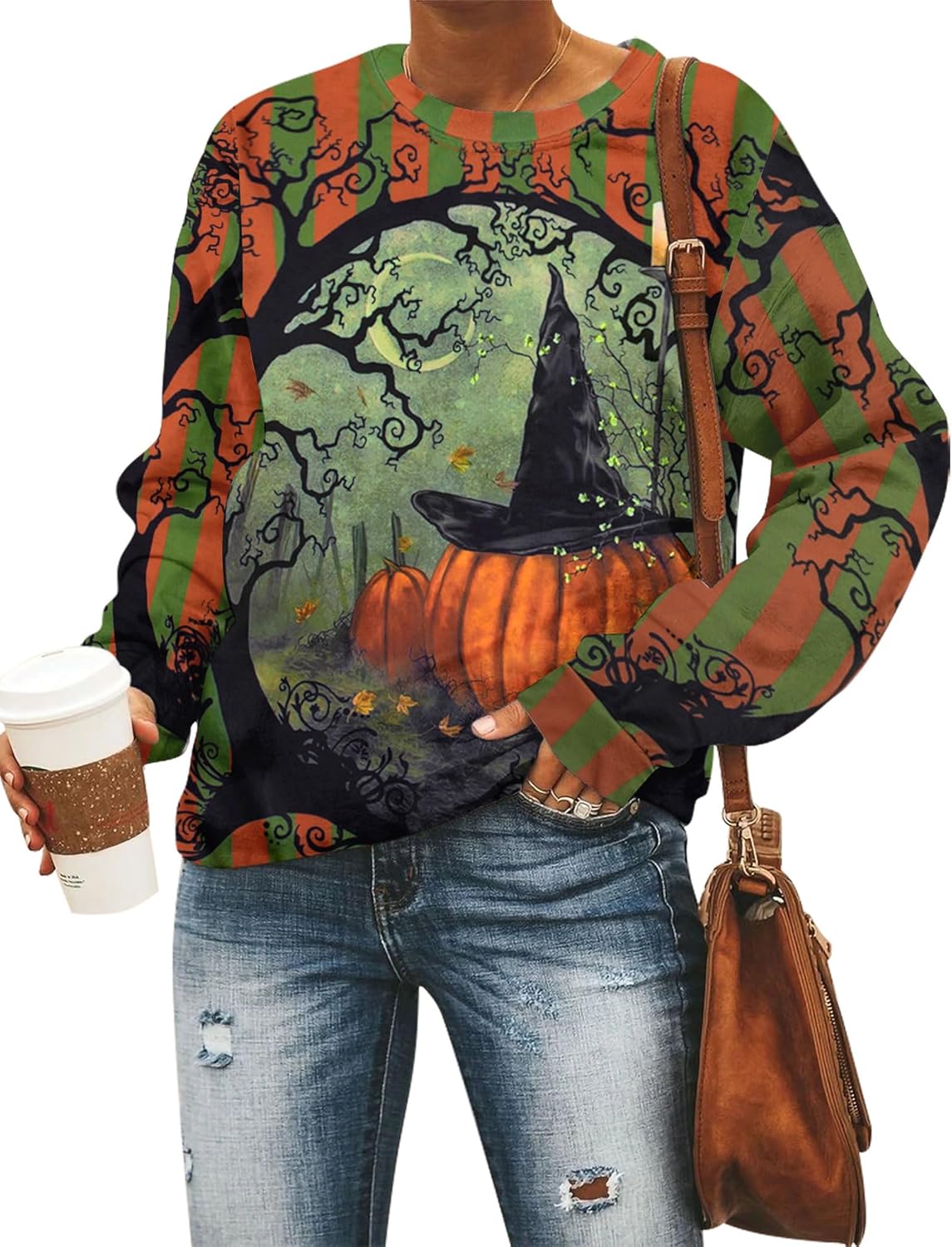 Women’s Halloween Black Cat Pumpkin Sweatshirt – Cozy Fall Pullover Top