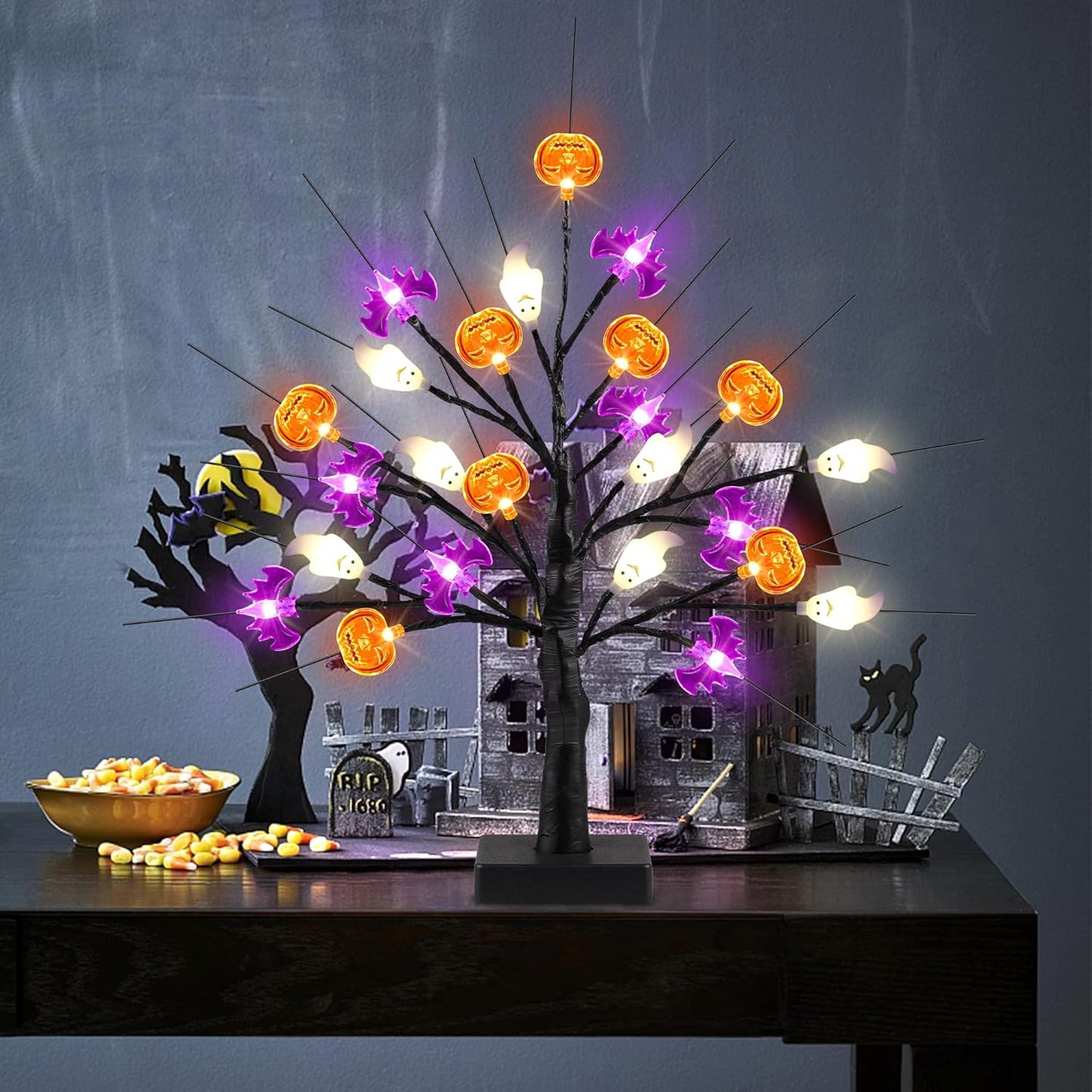 18 Inch Black Halloween Tree Light with 24 LED Pumpkin Bat and Ghost Lights for Indoor Outdoor Halloween Decor