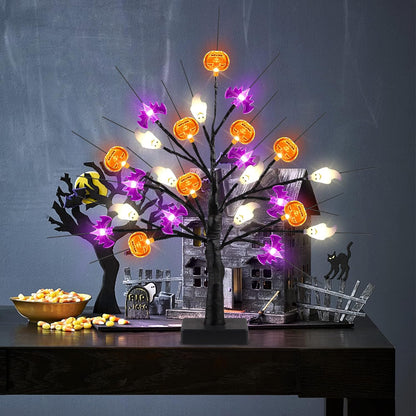 18 Inch Black Halloween Tree Light with 24 LED Pumpkin Bat and Ghost Lights for Indoor Outdoor Halloween Decor