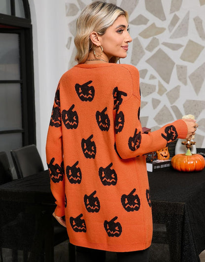 Women’s Halloween Pumpkin Cardigan – Cozy Knit Button Down Fall Sweater