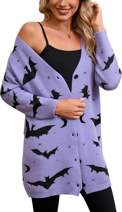 Women’s Halloween Pumpkin Cardigan – Cozy Knit Button Down Fall Sweater