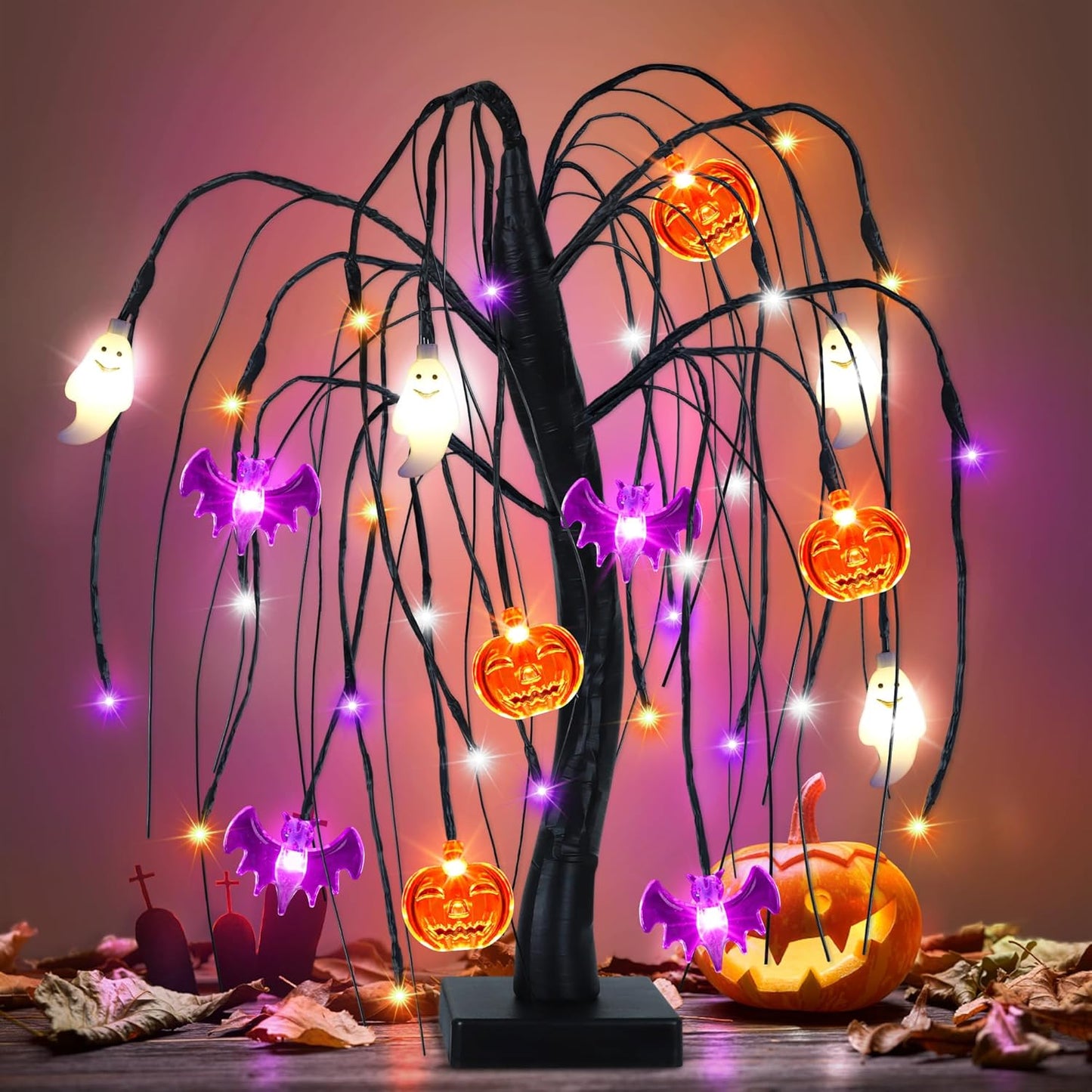 18 Inch Halloween Willow Tree with 36 LED Pumpkin Bat and Ghost Lights for Indoor Table Decorations