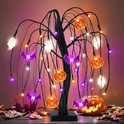 18 Inch Halloween Willow Tree with 36 LED Pumpkin Bat and Ghost Lights for Indoor Table Decorations