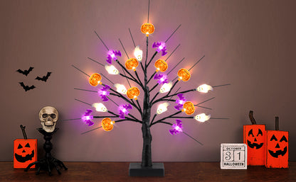 18 Inch Black Halloween Tree Light with 24 LED Pumpkin Bat and Ghost Lights for Indoor Outdoor Halloween Decor