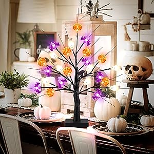 18 Inch Black Halloween Tree Light with 24 LED Pumpkin Bat and Ghost Lights for Indoor Outdoor Halloween Decor