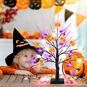 18 Inch Black Halloween Tree Light with 24 LED Pumpkin Bat and Ghost Lights for Indoor Outdoor Halloween Decor