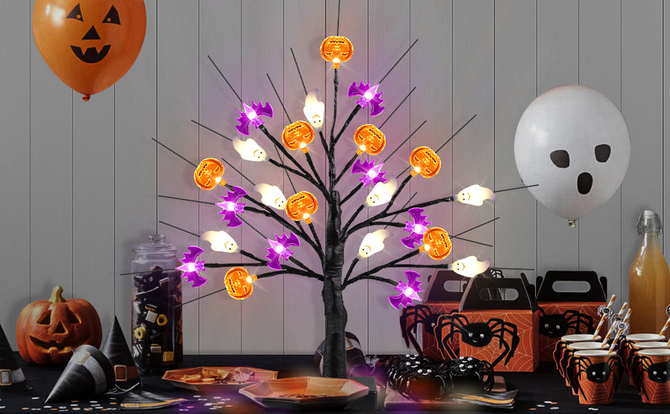 18 Inch Black Halloween Tree Light with 24 LED Pumpkin Bat and Ghost Lights for Indoor Outdoor Halloween Decor